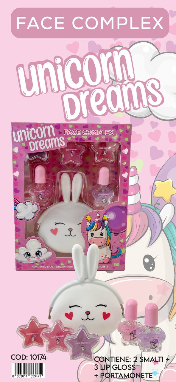 Unicorn dream contiene 2 smalti 3 lip gloss e un portamonete